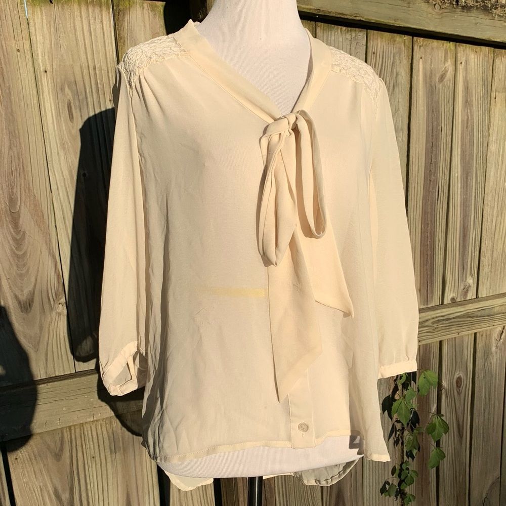 My Michelle Semi-Sheer Lace Panel Pussybow Button Up Blouse Medium Vintage?